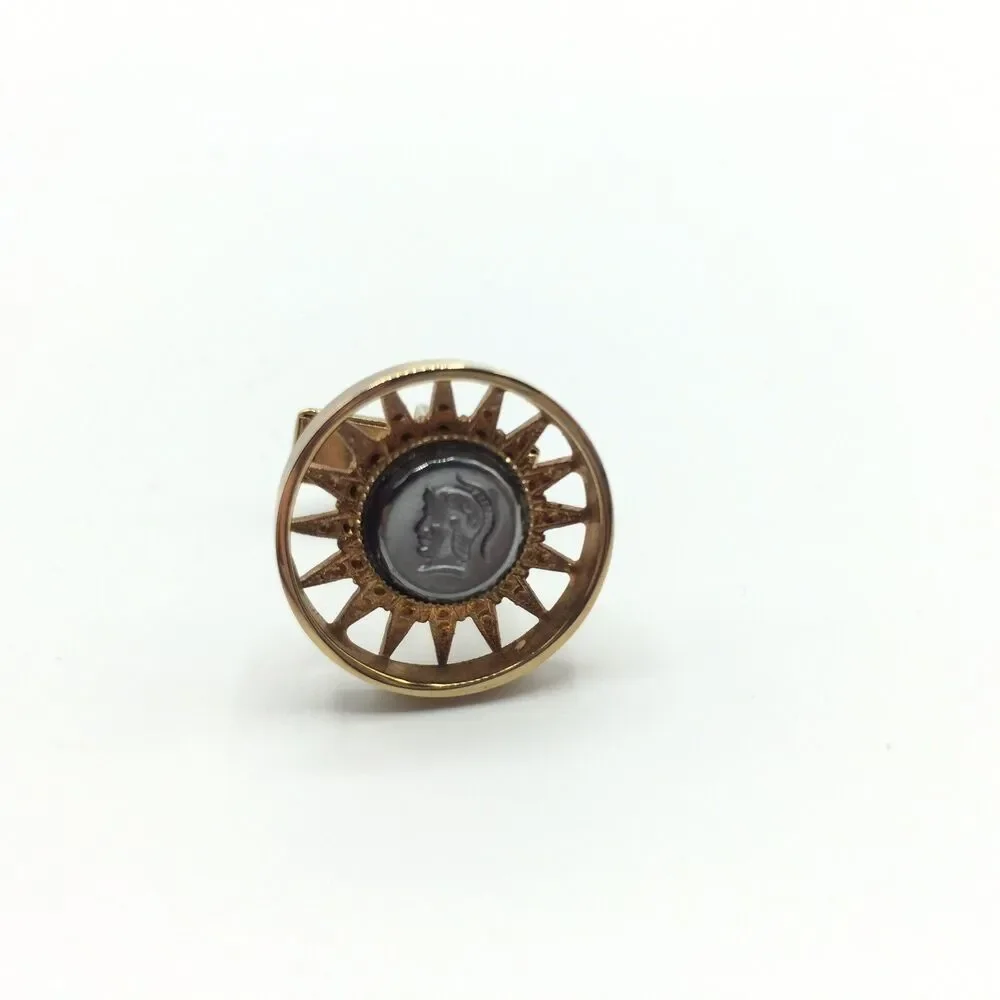 Vtg Gray Roman Soldier Cameo Profile Gold Tone Cufflinks Round Sun Burst 3/4